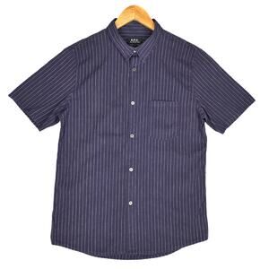 A.P.C. MEN’S SHORT‑SLEEVE STRIPED SHIRT – SIZE LARGE – NAVY/WHITE – MINIMALIST
